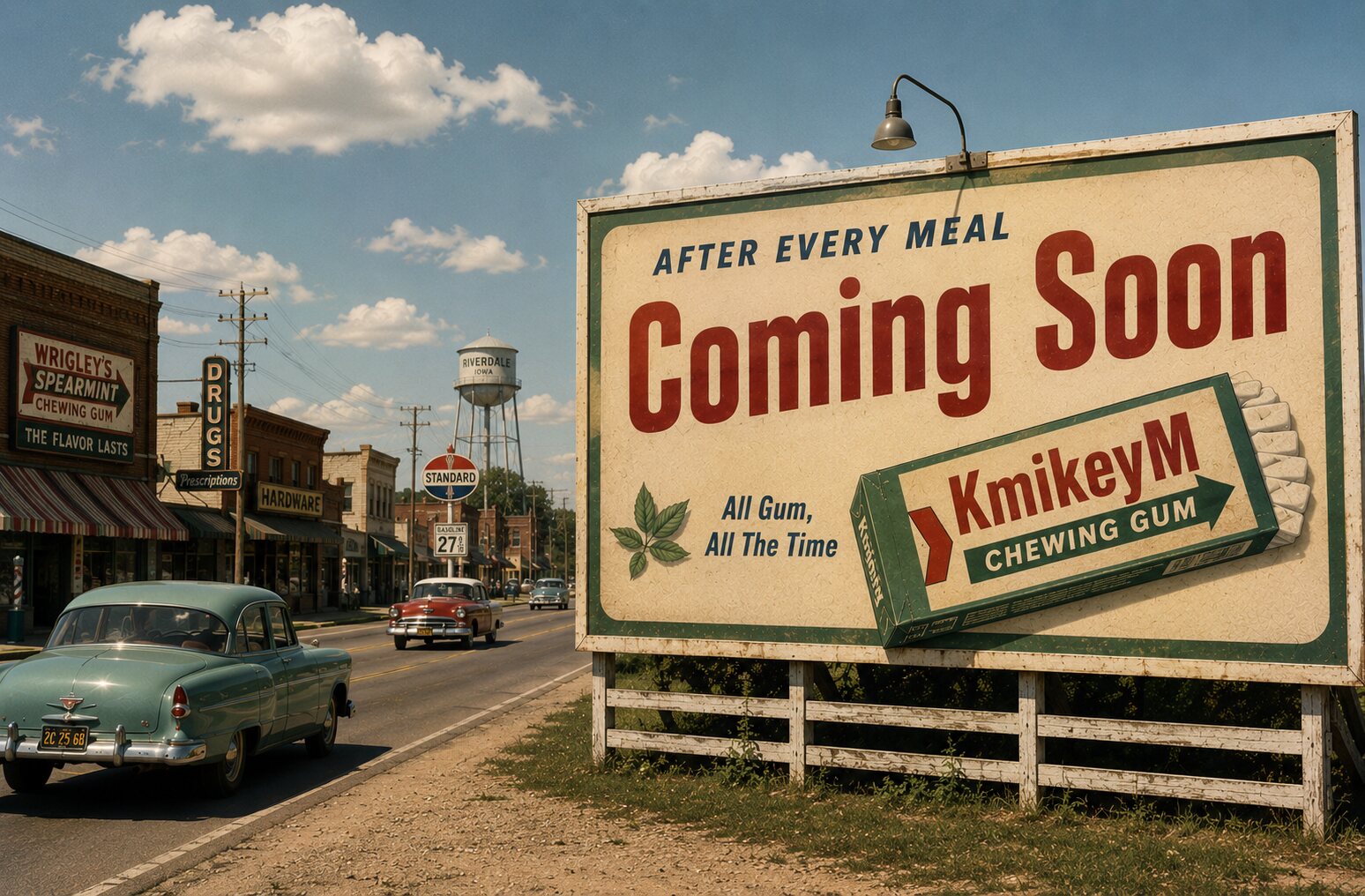 Coming soon, a vintage roadside billboard for KmikeyM Chewing Gum: After Every Meal, All Gum All The Time